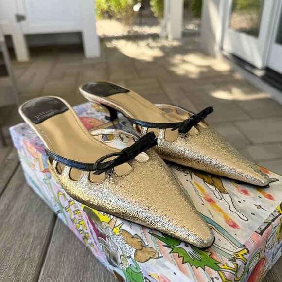 New Jeffrey Campbell Solitude Pointed Kitten Heels Mules Gold Black Womens 6.5 - Picture 5 of 16